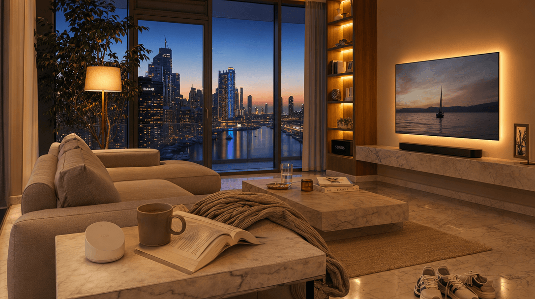 Modern Dubai apartment living room at dusk with warm Philips Hue ambient lighting layered across a floor lamp, bookshelf accent strip, and recessed ceiling lights, Hue Tap Dial Switch on a console table, marina view through floor-to-ceiling windows