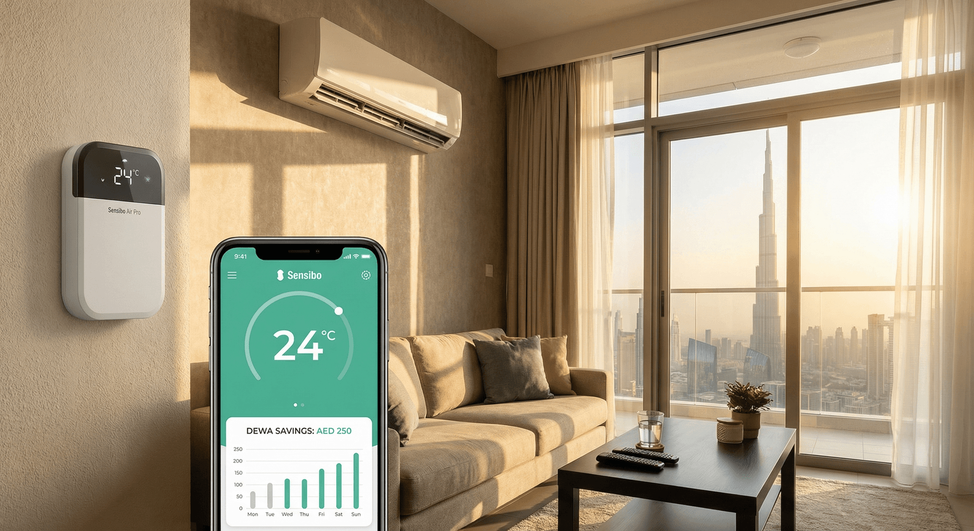 Smart AC controller and phone showing DEWA bill savings in Dubai apartment
