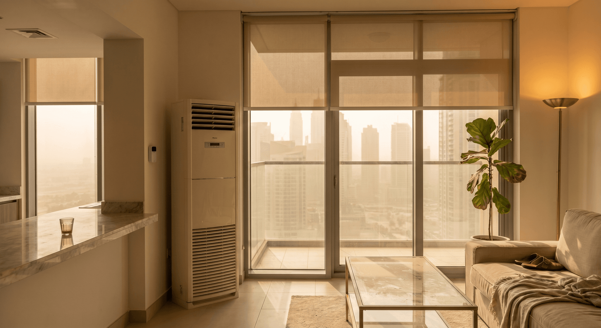 A Dubai apartment living room in late afternoon summer light after being empty for three weeks, hazy Business Bay skyline through floor-to-ceiling windows, a fine dust layer on the coffee table, motorized roller blinds half-drawn against the afternoon sun, a Sensibo smart AC controller mounted beside the wall unit, shoes by the door and a half-finished karak on the counter, warm and lived-in feeling despite the emptiness