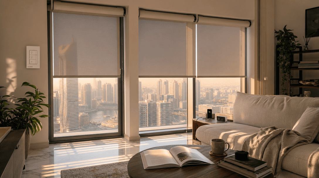 Dubai apartment living room at golden hour with motorized roller blinds half-lowered against a dust-haze skyline view