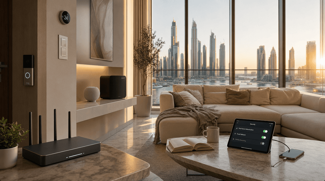 A Dubai apartment living room at golden hour showing a router, smart camera, and tablet with security settings open