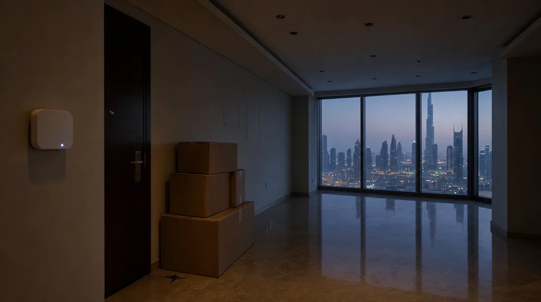 An emptied Dubai apartment living room at dusk with every light off, a small white smart home hub still mounted on the wall beside the front door with its status LED lit, moving boxes and a set of keys on the floor, and the city skyline through floor-to-ceiling windows