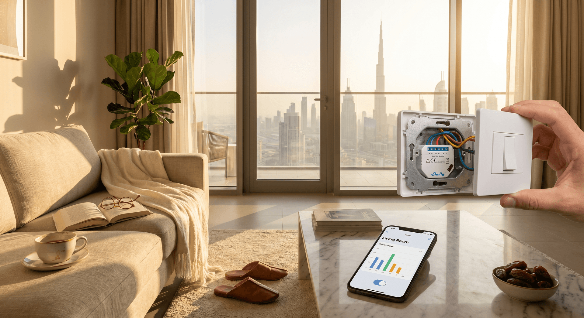 A lived-in Dubai apartment living room at golden hour with a wall switch plate removed to show a small Shelly relay tucked into the back box, a phone showing per-room energy use on the coffee table, and a skyline view through the window