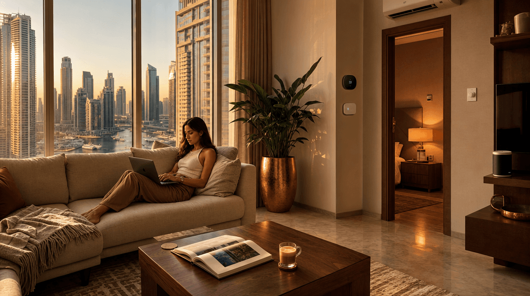 Dubai apartment living room at golden hour with marble floors, floor-to-ceiling windows showing the marina, an Ecobee thermostat on the wall, a Sonos speaker on the shelf, and a family relaxing on the sofa