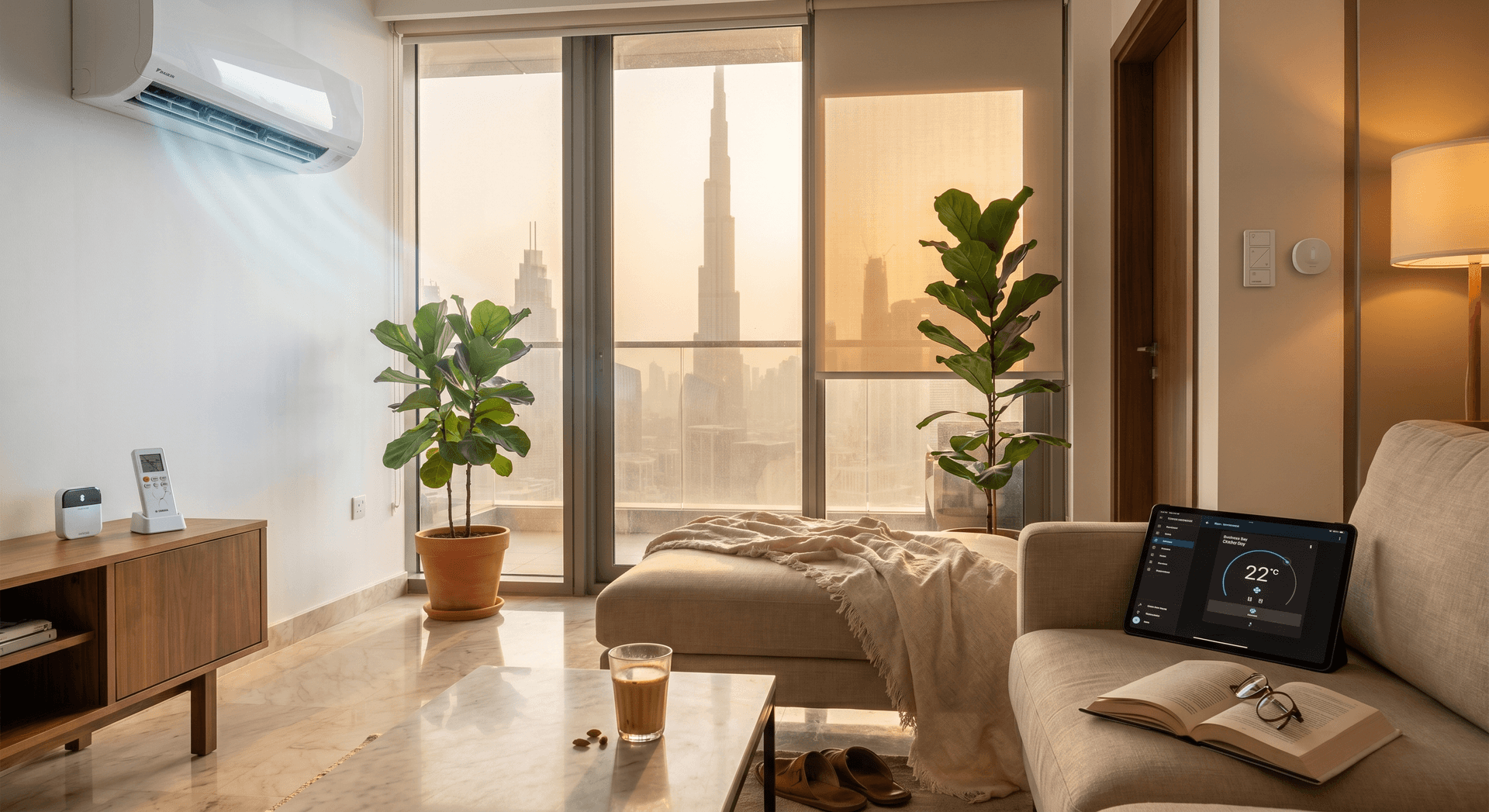 A lived-in Business Bay apartment living room at golden hour on a 39C summer day with floor-to-ceiling windows showing the Burj Khalifa skyline through a thin dust haze, a Daikin split AC mounted high on the wall with a small Sensibo Sky controller on the side console next to a cracked-screen white AC remote, an iPad on the linen sofa showing a Home Assistant climate dashboard set to 22C with a chiller-bay icon, half-finished karak chai in a glass with cardamom pods, an open book with reading glasses, a Lutron Caseta pico keypad by the door, an Aqara T1 temperature sensor on the wall, motorized roller blind half-drawn, a throw blanket rumpled at the corner of the sofa, leather slippers under the coffee table, fiddle-leaf fig plant near the window, warm 2700K floor lamp at 30 percent