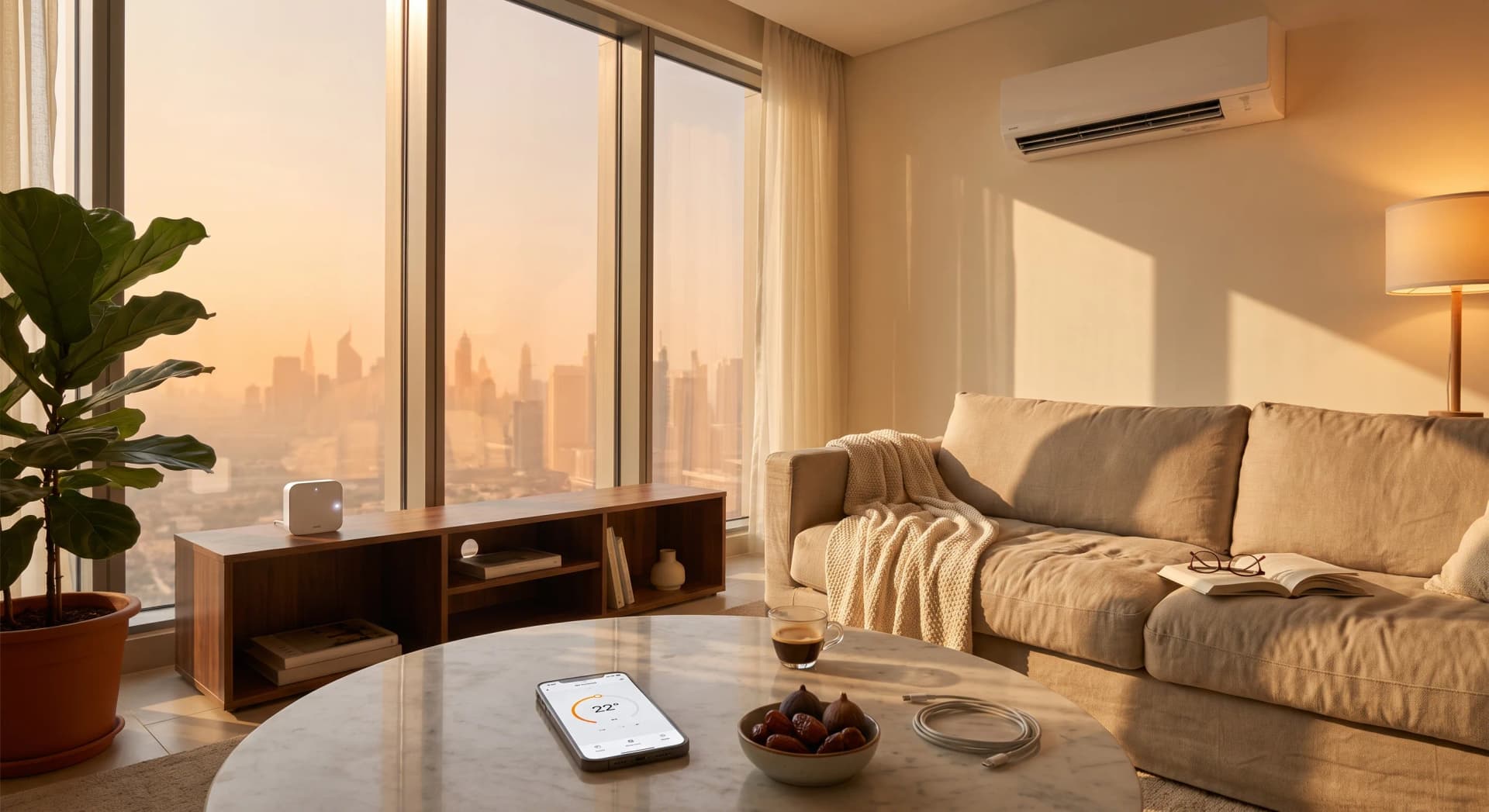 A small white smart AC controller on a wooden shelf in a warm, lived-in Dubai apartment living room at golden hour, facing a wall-mounted split AC unit, with a phone showing the AC app on the coffee table, Dubai skyline through floor-to-ceiling windows.