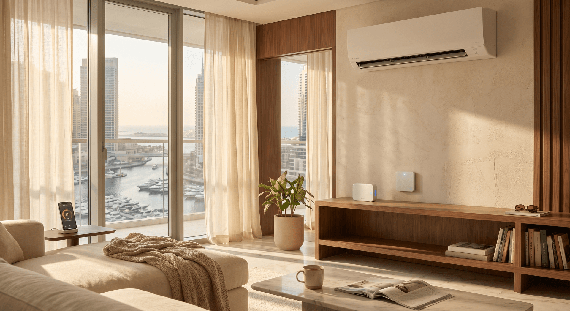 A lived-in Dubai Marina apartment living room at golden hour with a Daikin split AC mounted high on the wall, a Sensibo Sky controller and an Aqara wall thermostat side by side on a wooden console, a coffee mug on the marble table, an iPhone on a charger showing a smart-home temperature dial set to 22, sheer linen curtains diffusing the marina view