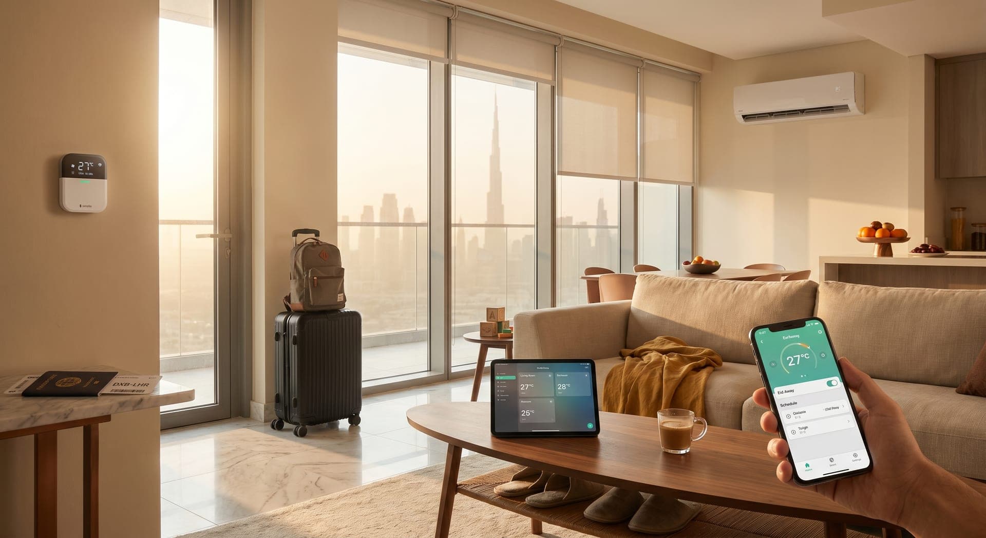 Empty Dubai apartment living room at golden hour with a packed suitcase by the door, a Sensibo controller on the wall showing 27 degrees in fan-auto mode, half-drawn motorized blinds, and a phone on the marble console showing the AC dashboard from a remote location