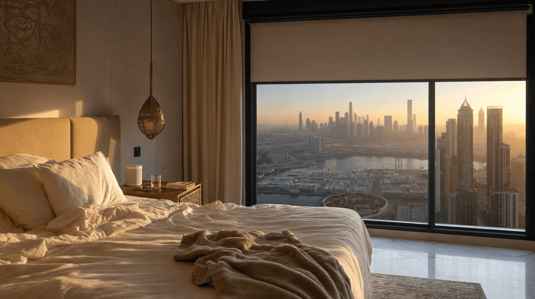 Dubai apartment bedroom at golden hour with motorized blackout blinds half-closed, soft morning light filtering across a linen-covered bed and a Sonos speaker on the nightstand