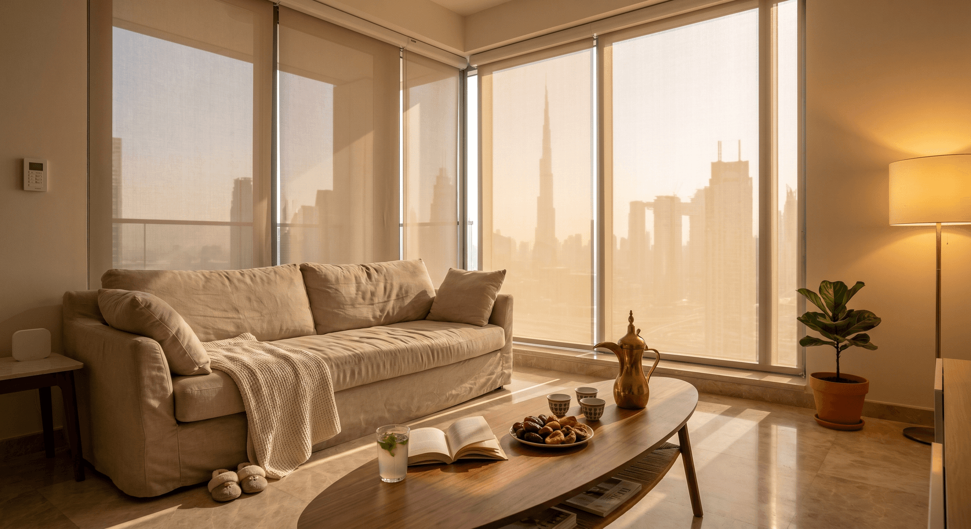 Lived-in Business Bay apartment majlis at golden hour with motorized roller blinds at 50% across floor-to-ceiling windows, warm afternoon light filtering onto a beige sofa with rumpled throw, Arabic coffee pot, dates platter, and an open book on a walnut coffee table