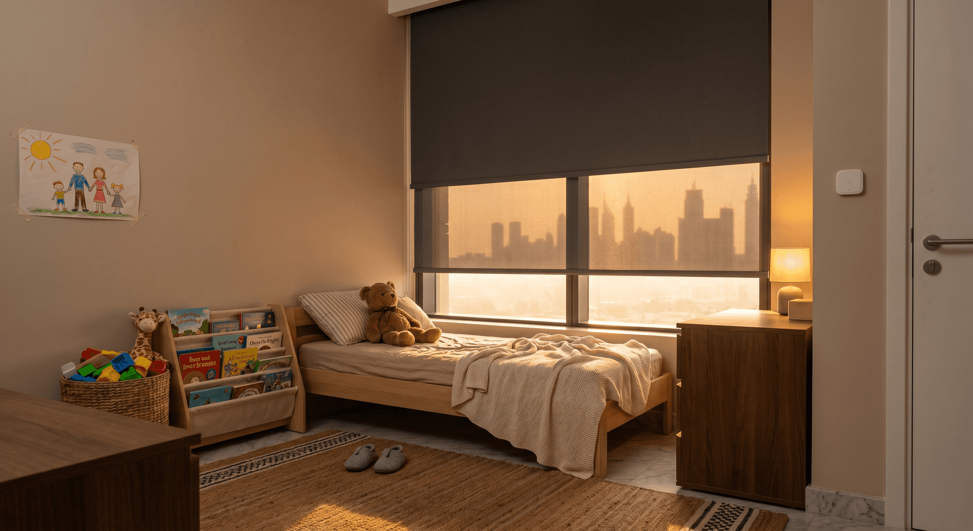A Dubai apartment child's bedroom in the late afternoon with motorized blackout blinds three-quarters drawn against a bright west-facing window, a small bed with a folded blanket, a plush toy on the pillow, a low bookshelf, and a soft warm lamp glowing on the dresser