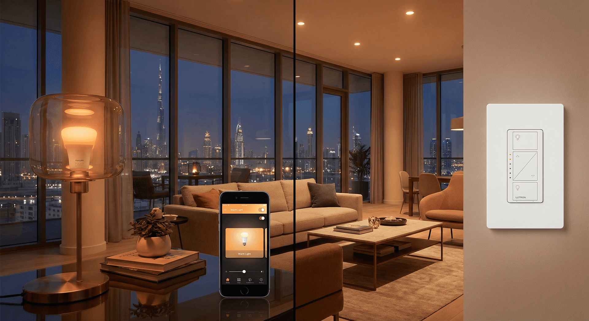 Comparison of Philips Hue smart bulb and Lutron smart switch in Dubai apartment
