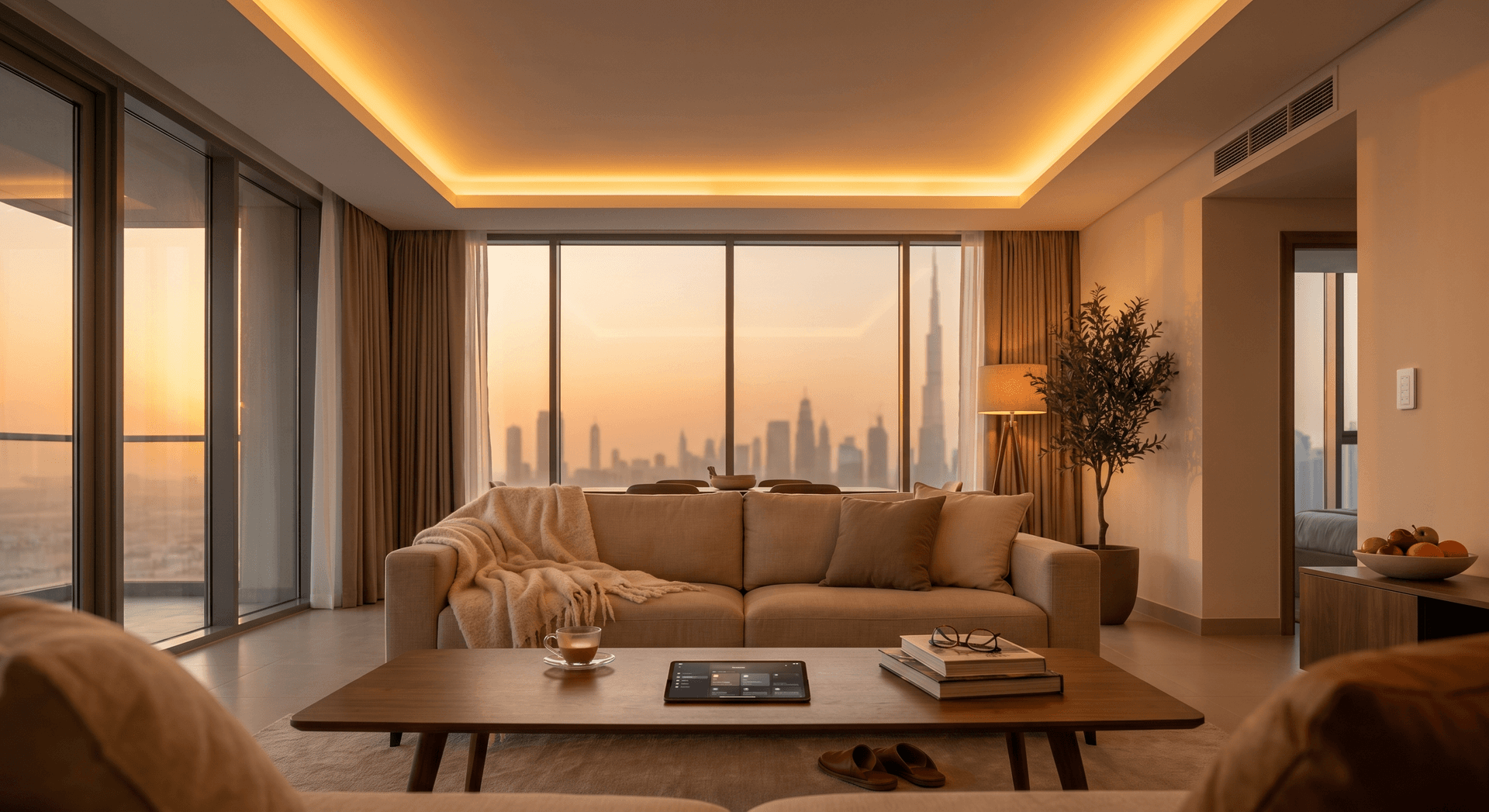 Dubai apartment living room at golden hour lit by warm 2700K cove lighting hidden in a gypsum ceiling recess, with the ceiling glowing softly, a linen sofa, a walnut coffee table with Arabic coffee, and the Business Bay skyline through floor-to-ceiling windows