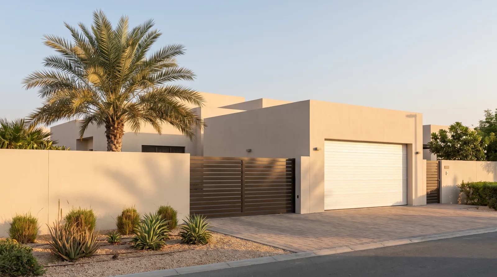 The front of a modern Dubai villa at golden hour, with a closed dark bronze sliding driveway gate in a sand-coloured boundary wall, a white sectional garage door beside it, and a date palm casting long shadows