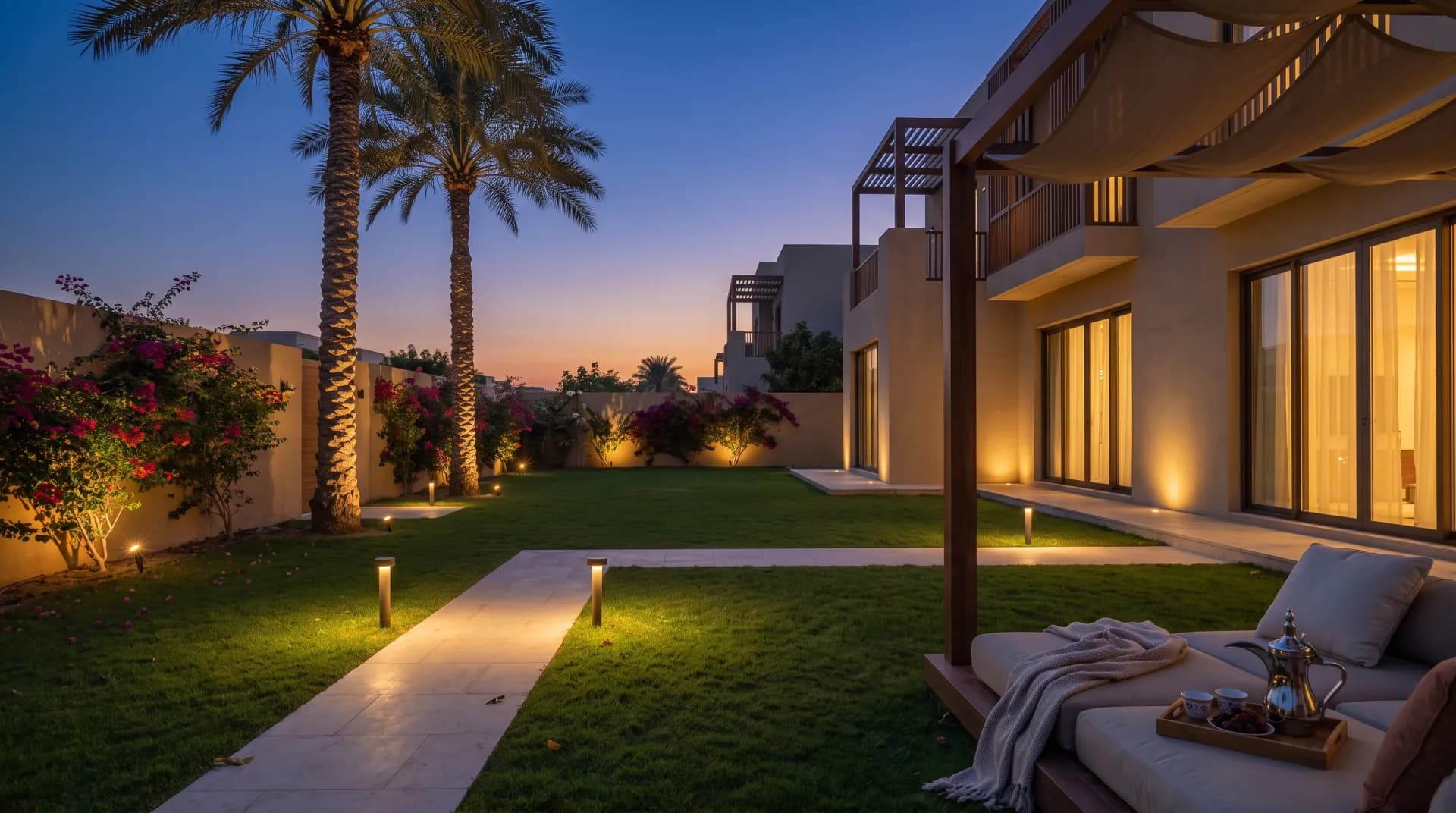 A Dubai villa garden just after sunset, warm white path lights along a stone walkway and soft uplights on two palm trunks, the villa facade lit low, no people