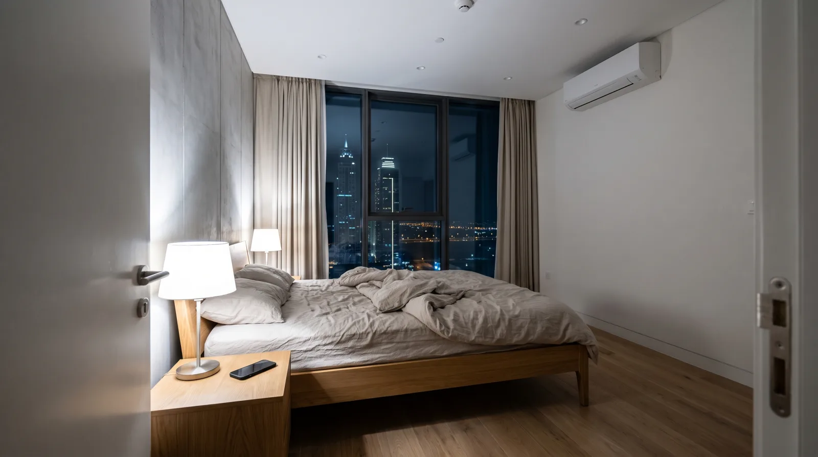 A Dubai apartment bedroom in the middle of the night with both bedside lamps switched on bright, the duvet pushed back, a phone on the nightstand and the city lights outside the window