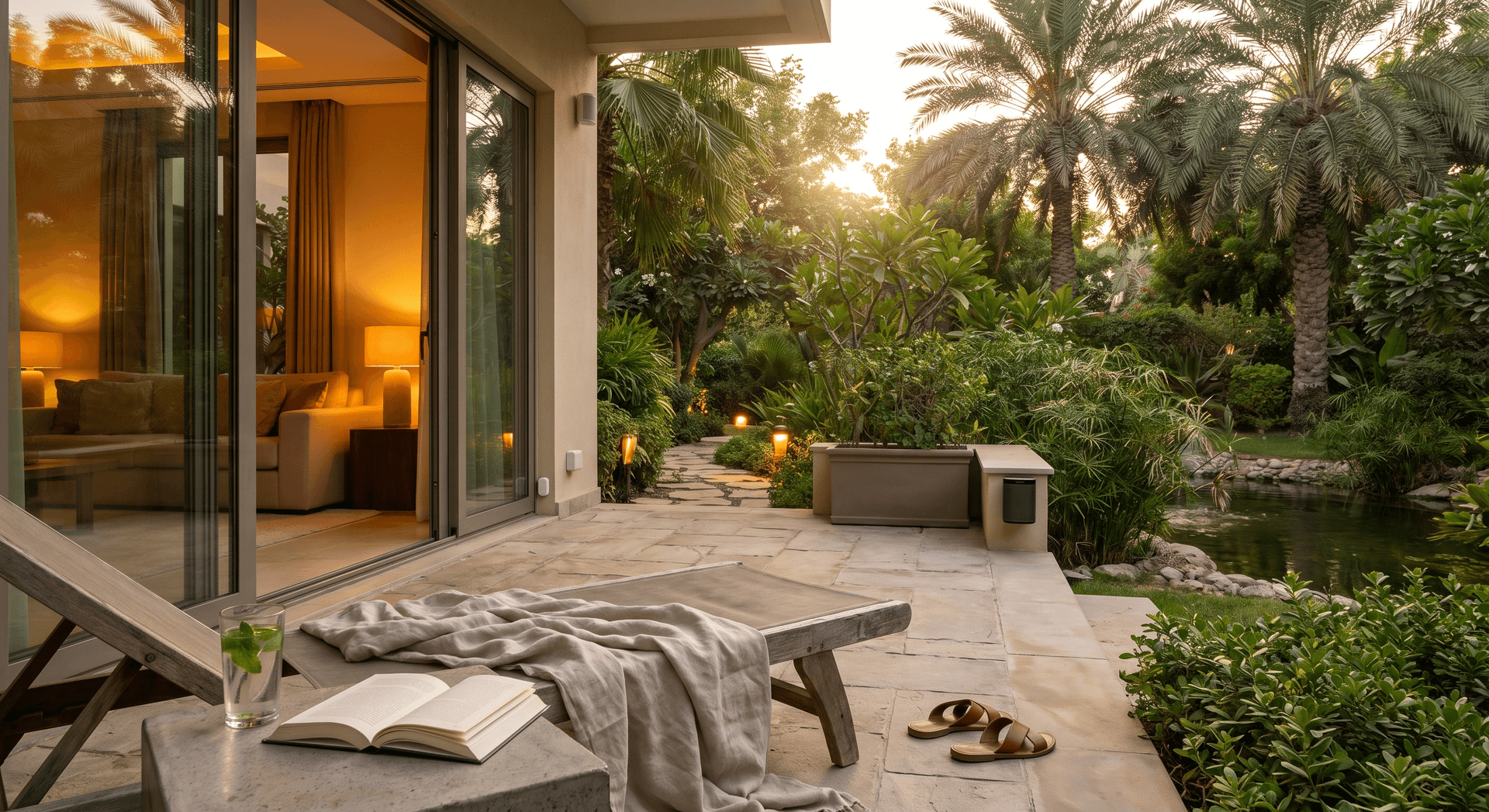 A lived-in Al Barari villa terrace at golden hour with floor-to-ceiling glass doors open to a botanical garden and lake beyond, a Sonos outdoor speaker mounted discreetly on a garden wall, warm 2700K landscape lighting along a stone path into the greenery, a wooden lounger with a rumpled linen throw, a glass of mint water sweating on a side table, an open book left face-down, leather sandals kicked off nearby, a small Aqara-style sensor mounted near the door frame, warm Philips Hue lighting glowing inside, no people