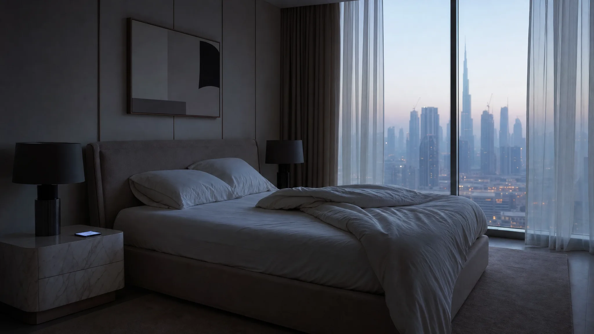 A Dubai apartment bedroom at first light with both bedside lamps still switched off, a phone lying face up and lit on the marble nightstand, the duvet pushed to one side, and the city skyline pale through floor-to-ceiling windows