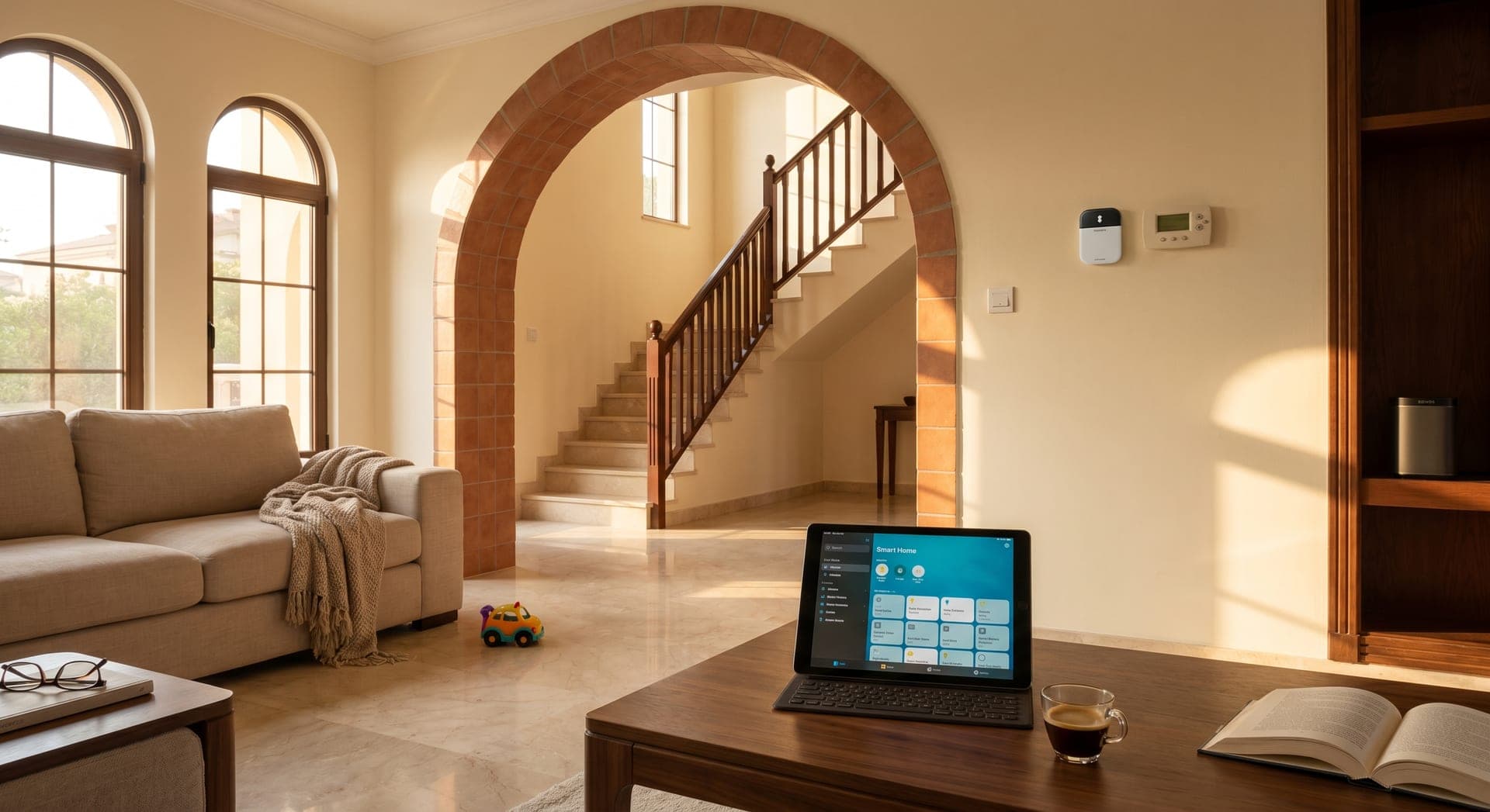 Spanish-style Arabian Ranches 1 villa living room at golden hour with terracotta-tiled archways, a wide staircase to a visibly warmer second floor, beige linen sofa with a throw blanket, a Sensibo Sky smart AC controller mounted on the wall near the original thermostat, an iPad on the coffee table showing room temperatures, and a half-finished cup of Arabic coffee on the side table