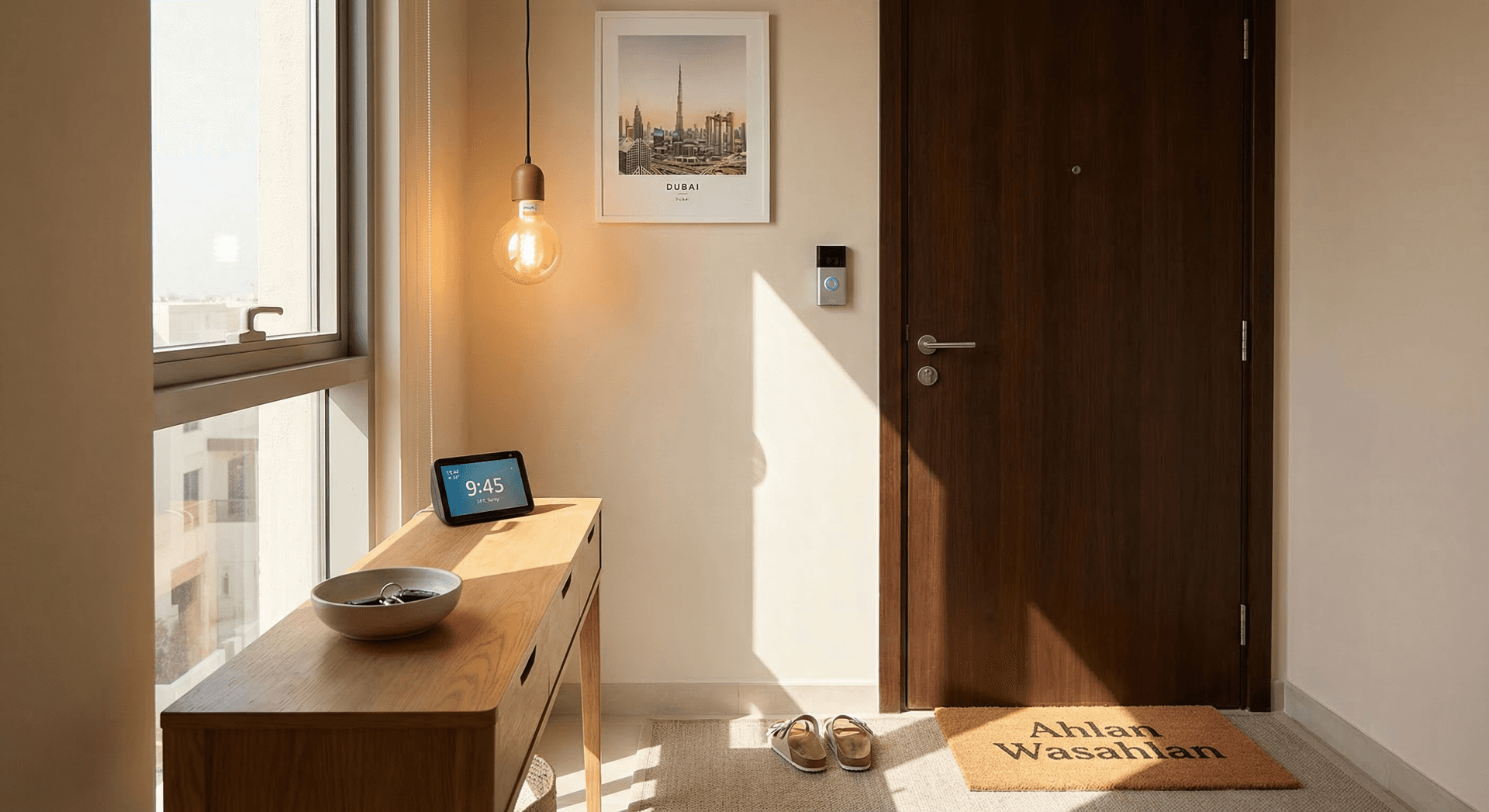 Beginner-friendly smart home devices in a welcoming Dubai apartment entryway