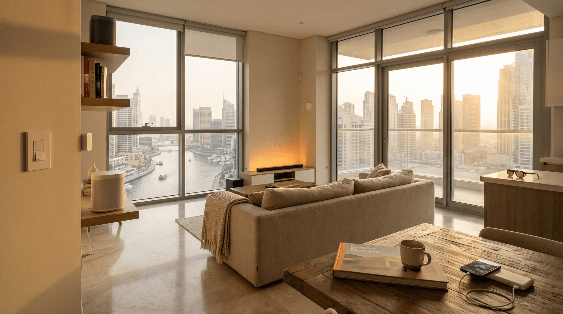 Modern Business Bay apartment with smart home devices and Dubai Canal views at golden hour