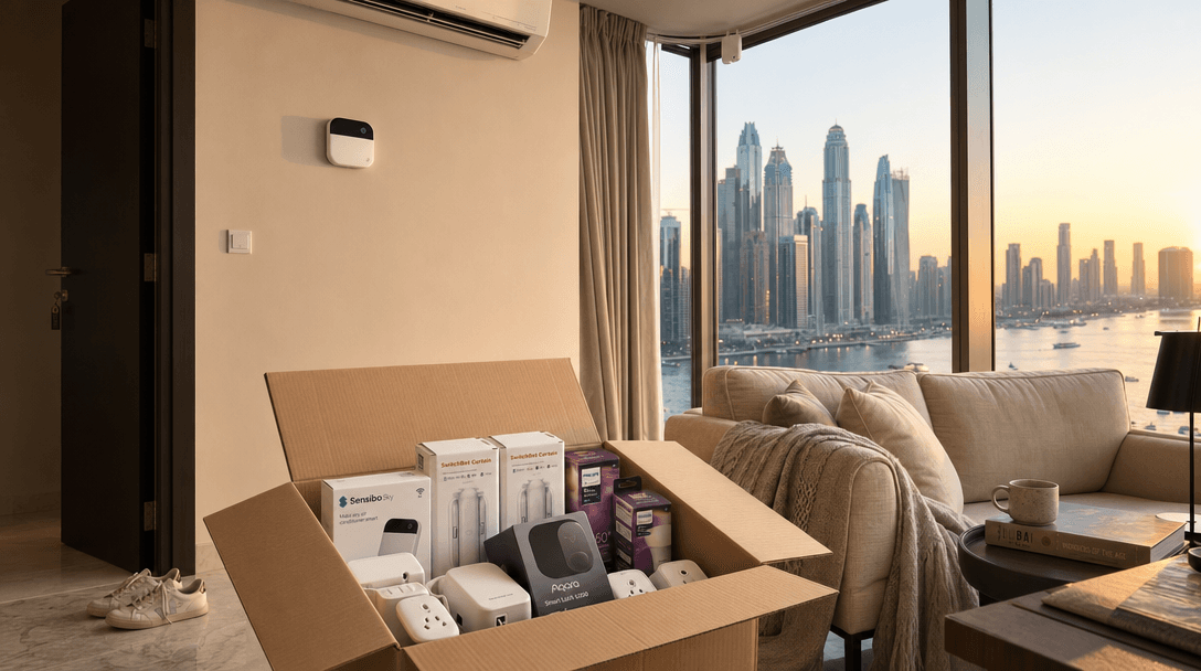 Dubai apartment living room at golden hour with marble floors, floor-to-ceiling windows, a Sensibo Sky controller on the wall, a SwitchBot Curtain on the rod, and a packed moving box near the door