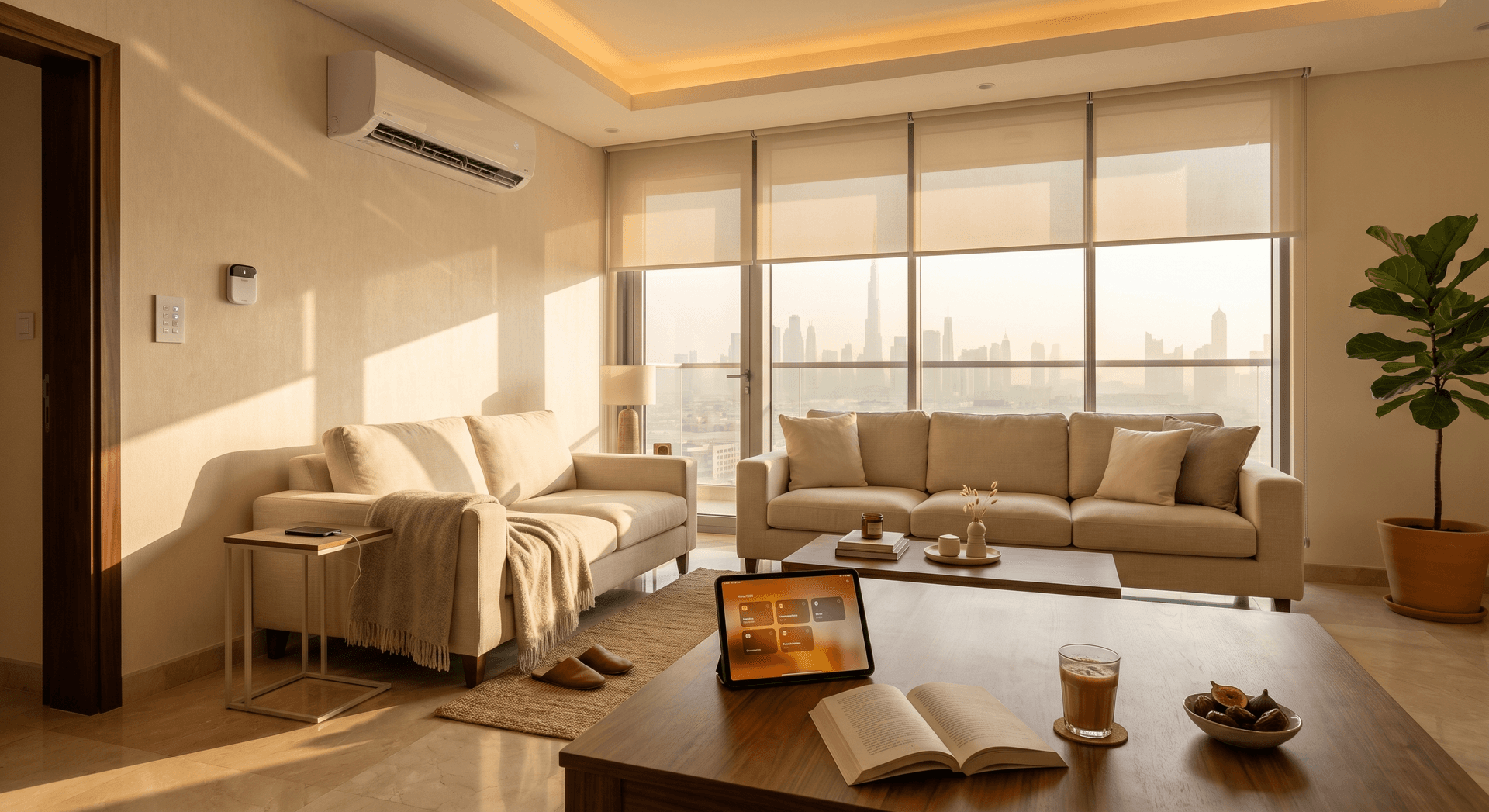 A Dubai apartment living room at golden hour during summer, floor-to-ceiling windows showing a hazy Business Bay skyline, motorized roller blinds half-drawn against the late sun, a Sensibo smart AC controller on the wall beside a white split unit, an iPad on the coffee table showing a home dashboard, a Lutron keypad by the door, a throw blanket over the sofa arm, a glass of iced karak and an open book on the table, no people, warm and lived-in