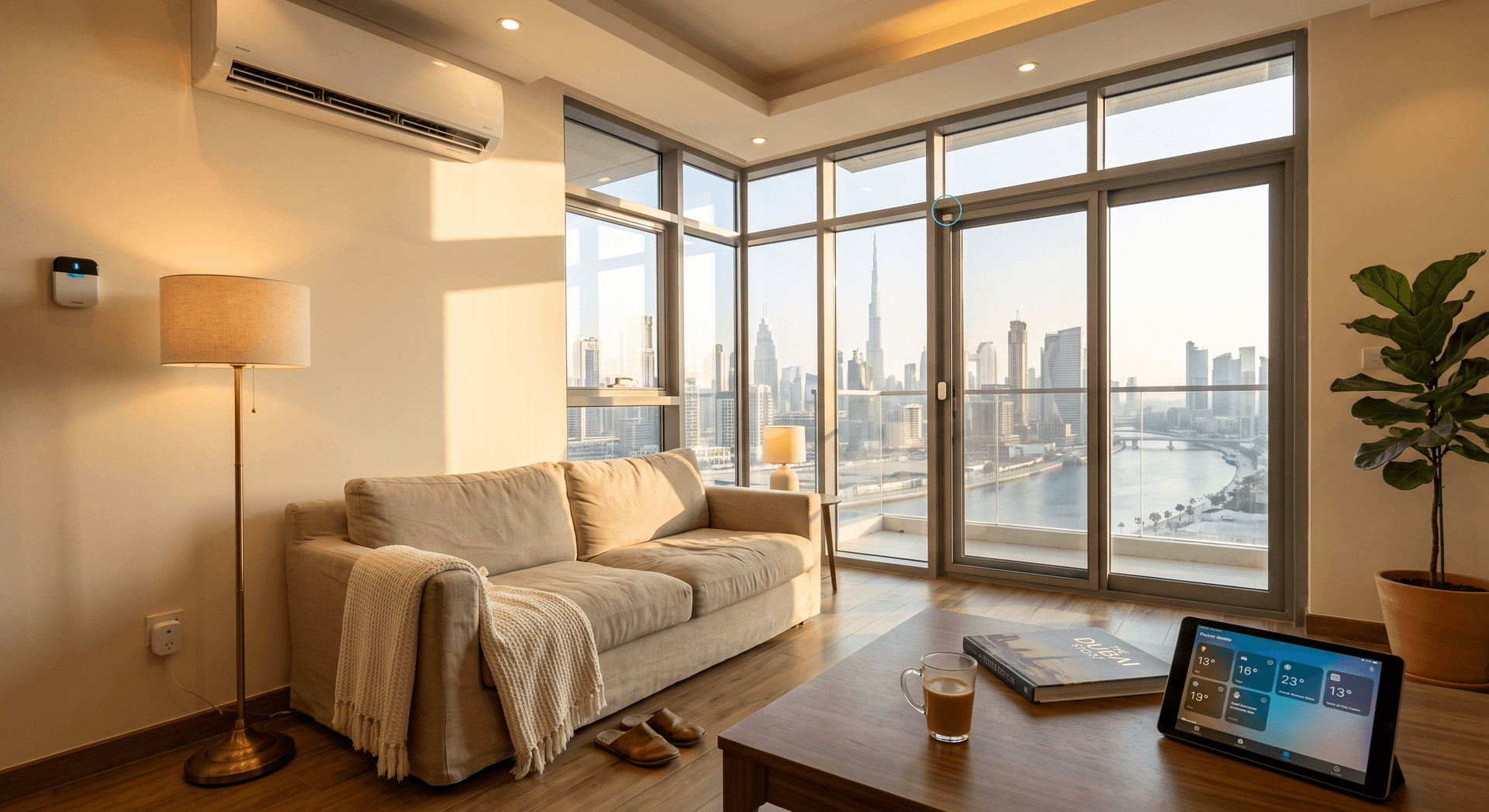 Modern Dubai apartment living room at golden hour with smart AC controller, dimmed lighting scene, and motorized blinds, lived-in with Arabic coffee and open book on coffee table