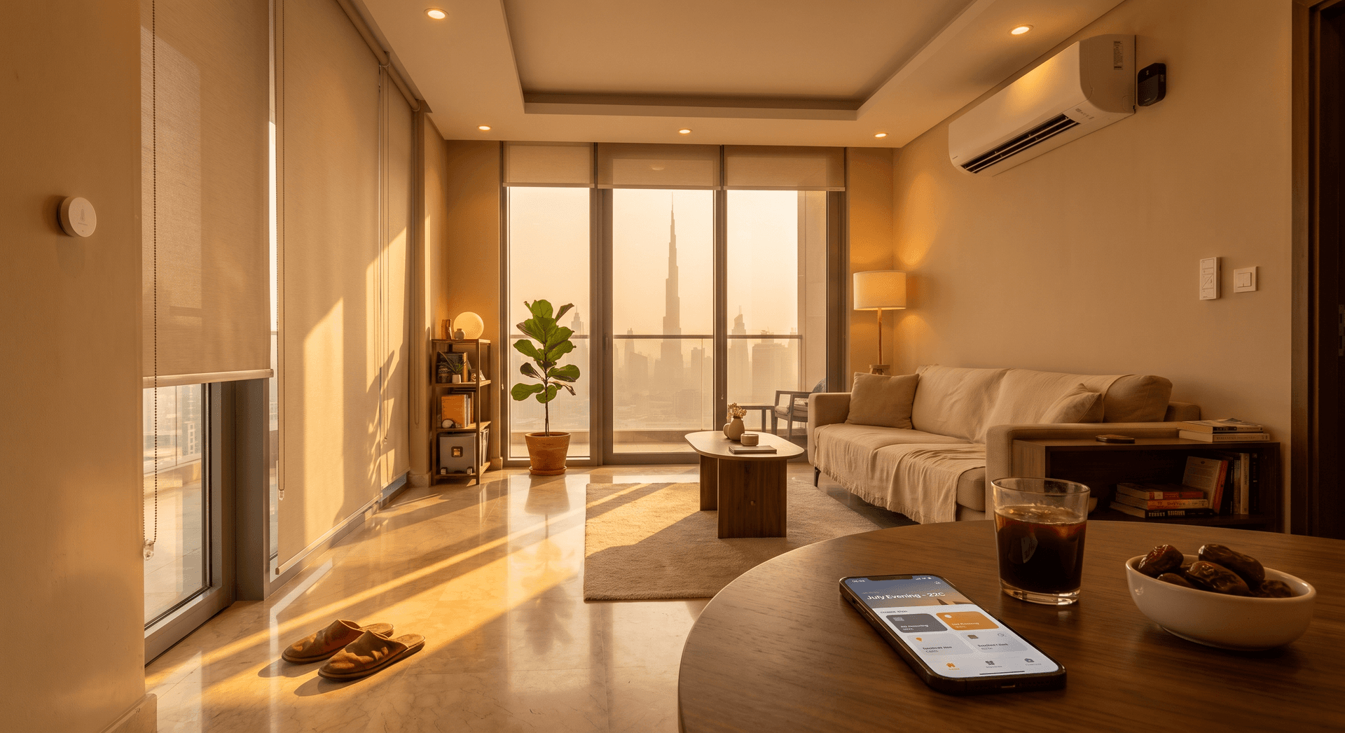 A bright Dubai apartment interior in summer with floor-to-ceiling windows overlooking a Business Bay skyline at midday, motorized roller blinds half-closed filtering harsh sunlight, a Sensibo Sky mounted beside the AC unit, warm ambient lighting at 60 percent, modern minimalist furniture with a linen sofa and coffee table, no people