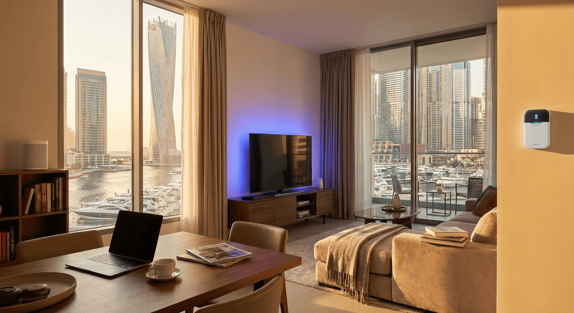 Smart home devices in a Dubai Marina apartment with marina views