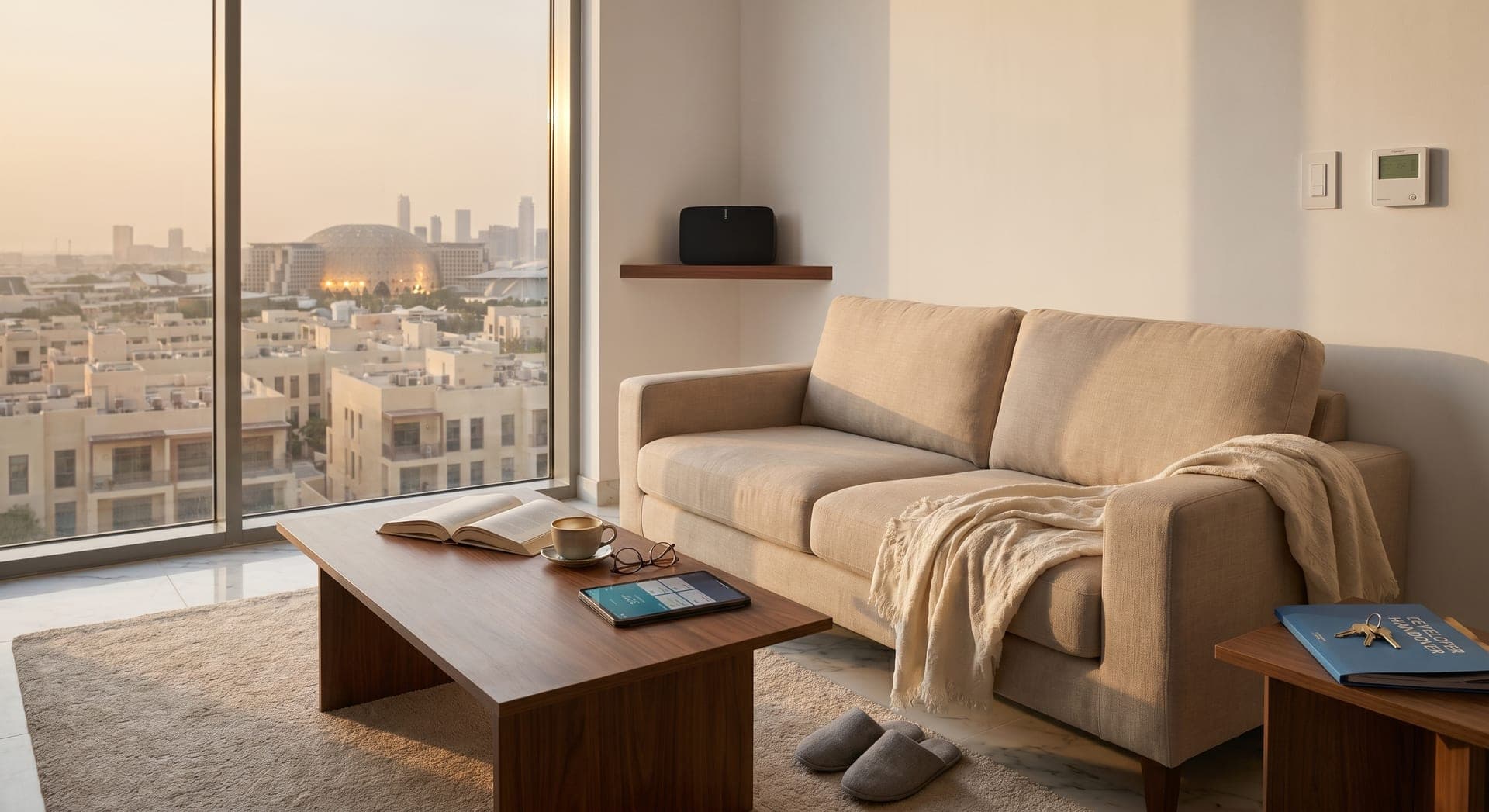 Bright modern apartment living room at golden hour in a newly handed-over Dubai South building with floor-to-ceiling windows facing low-rise rooftops and the Expo City skyline in the distance, a wall-mounted smart AC controller next to the standard wall thermostat, a Sonos speaker on a walnut shelf, an iPad on a marble coffee table showing room temperatures, a half-finished coffee, an open book, slippers under the linen sofa, and the original developer handover folder still sitting on the side table