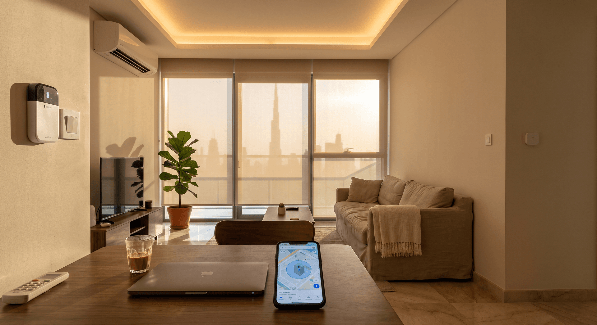 A Dubai Business Bay apartment at dusk showing a Sensibo Sky on the wall beside a split AC unit, phone on the coffee table with a map showing a geofence circle around the building, lights glowing warm at 70 percent, motorized blind half-drawn, lived-in modern interior