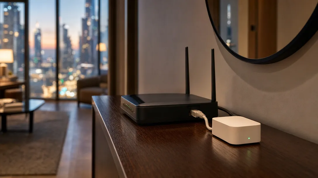 A small white smart home hub with a single green status light sitting on a dark wood console in a Dubai apartment hallway, a black router with two antennas beside it and a short ethernet cable running between the two, a round mirror on the wall above, warm lamplight and an out-of-focus city skyline at dusk through the window behind