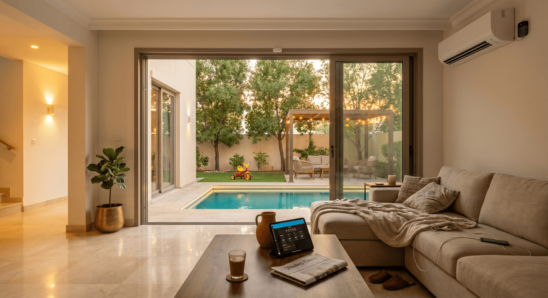A lived-in two-story Jumeirah Park Legacy villa downstairs family room at golden hour with wide floor-to-ceiling sliding garden doors halfway open onto a private garden with mature ghaf trees and a small lap pool, marble floors, beige linen sofa with a rumpled throw, a Sensibo Sky controller on the wall near a 2013-era Daikin split-AC indoor unit, an Aqara P2 door sensor on the inside of the sliding door frame, an iPad showing room temperatures, and warm garden lighting beginning to come on