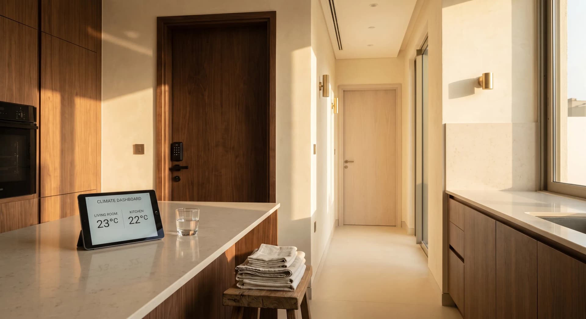 A lived-in Dubai villa kitchen and adjoining hallway in late afternoon light, with a smart lock keypad on the utility door, a tablet on the counter showing a room-by-room climate view, folded laundry on a stool, and a narrow corridor leading to a closed maid's room door