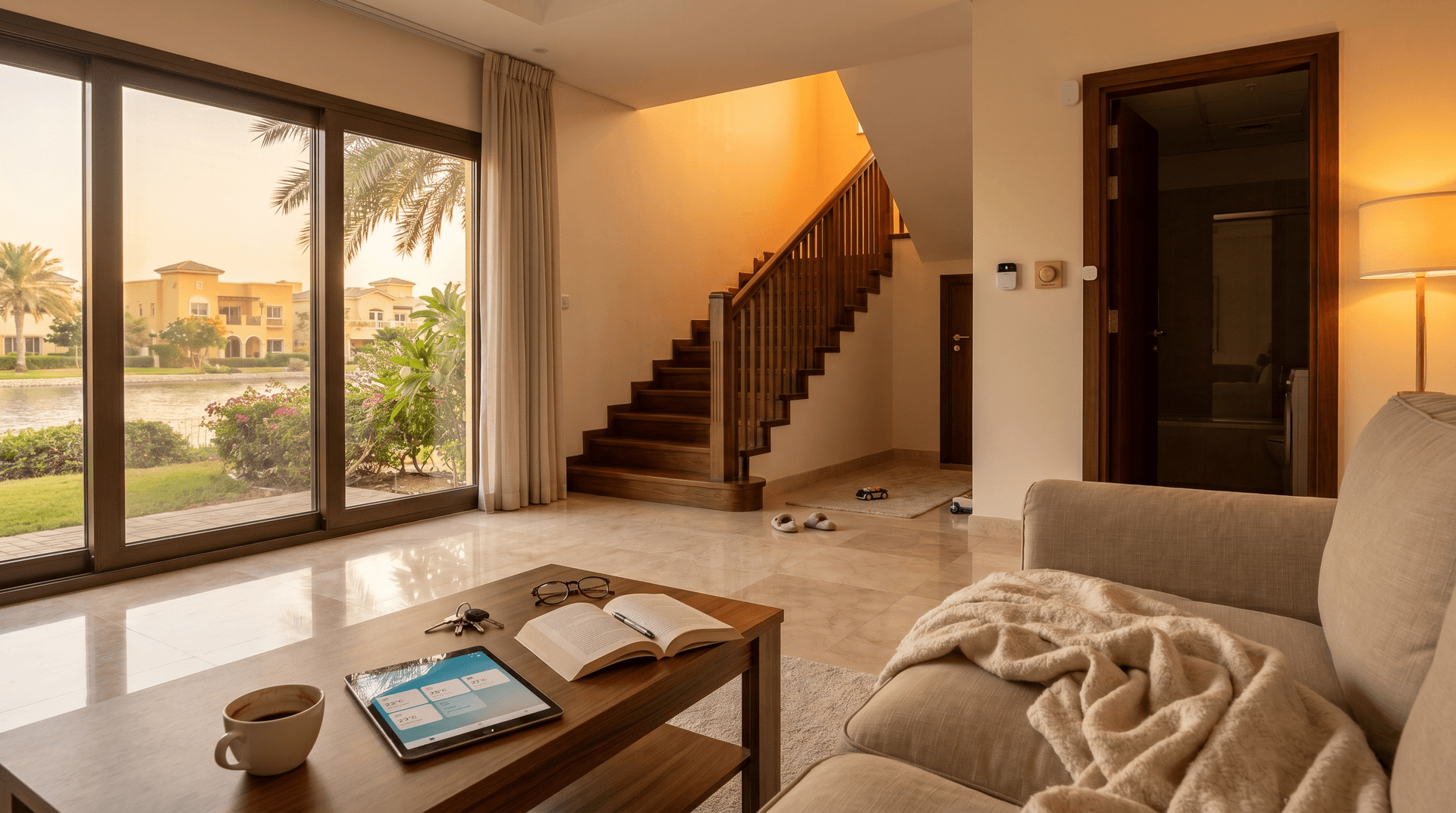A lived-in two-story Meadows villa living room at golden hour with marble floors, beige linen sofa, walnut staircase leading to a visibly warmer upper floor, a Sensibo Sky controller on the wall near a 2005-era thermostat, an iPad on the coffee table showing room temperatures, and floor-to-ceiling windows facing west onto a green community