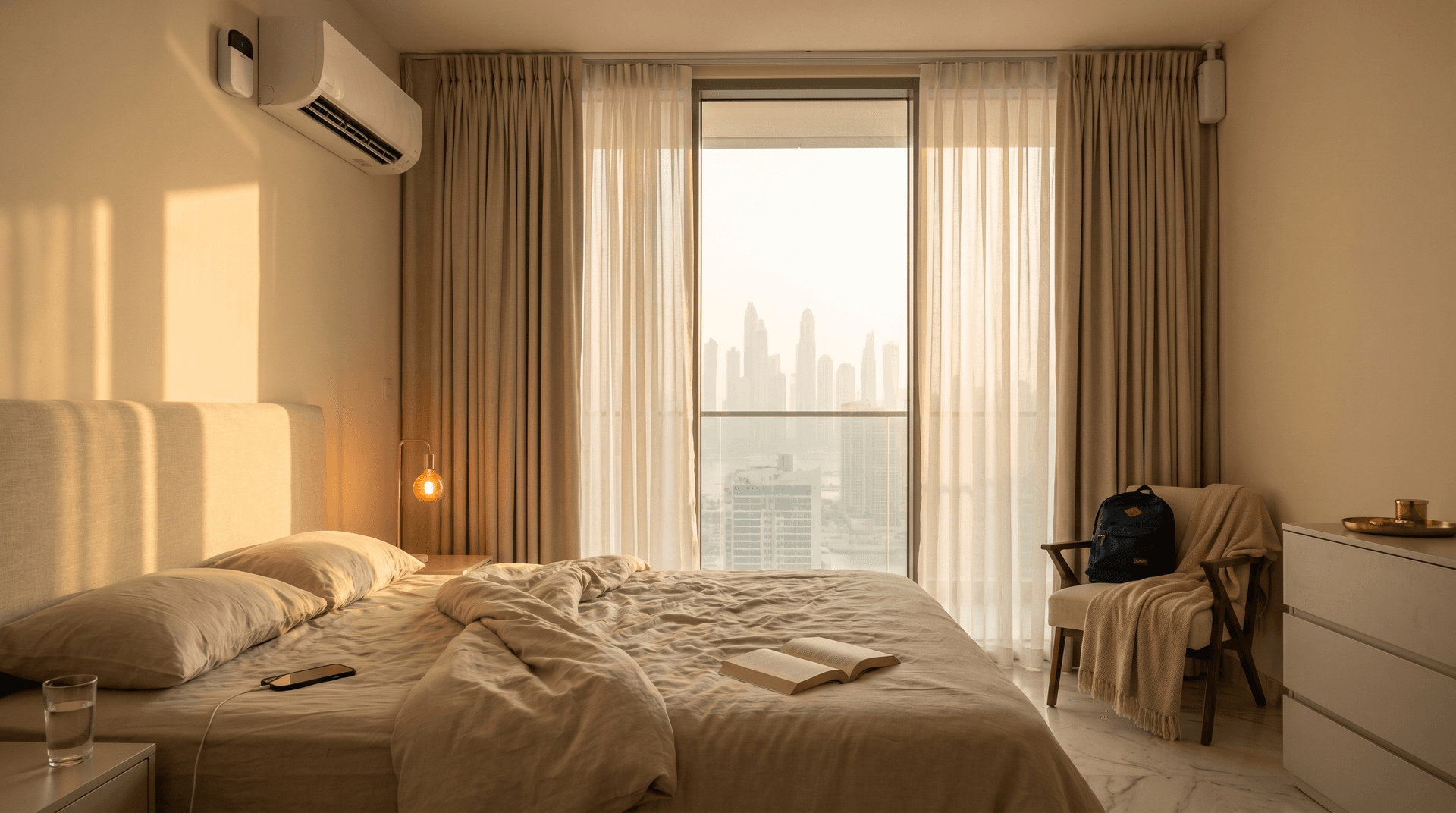 Modern Dubai apartment bedroom at 6:30am with golden sunrise light through opening motorized curtains, a Sensibo controller on the wall above the AC, warm bedside lamp glowing, marina view through floor-to-ceiling windows, lived-in details: a phone on the nightstand, a half-full water glass, a school backpack on a chair