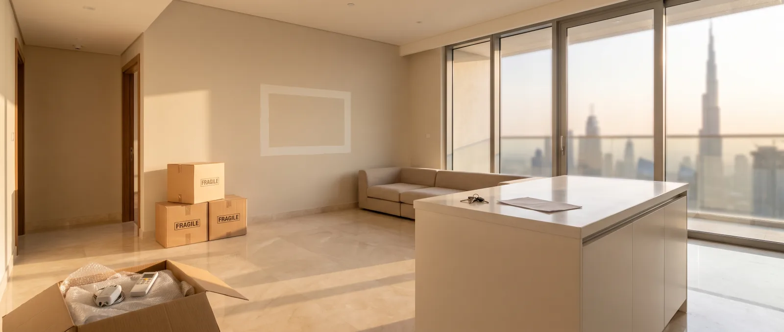 Dubai apartment on moving-out day with packed boxes, a smart AC controller in an open box, and a pale rectangle on the wall where a device was removed