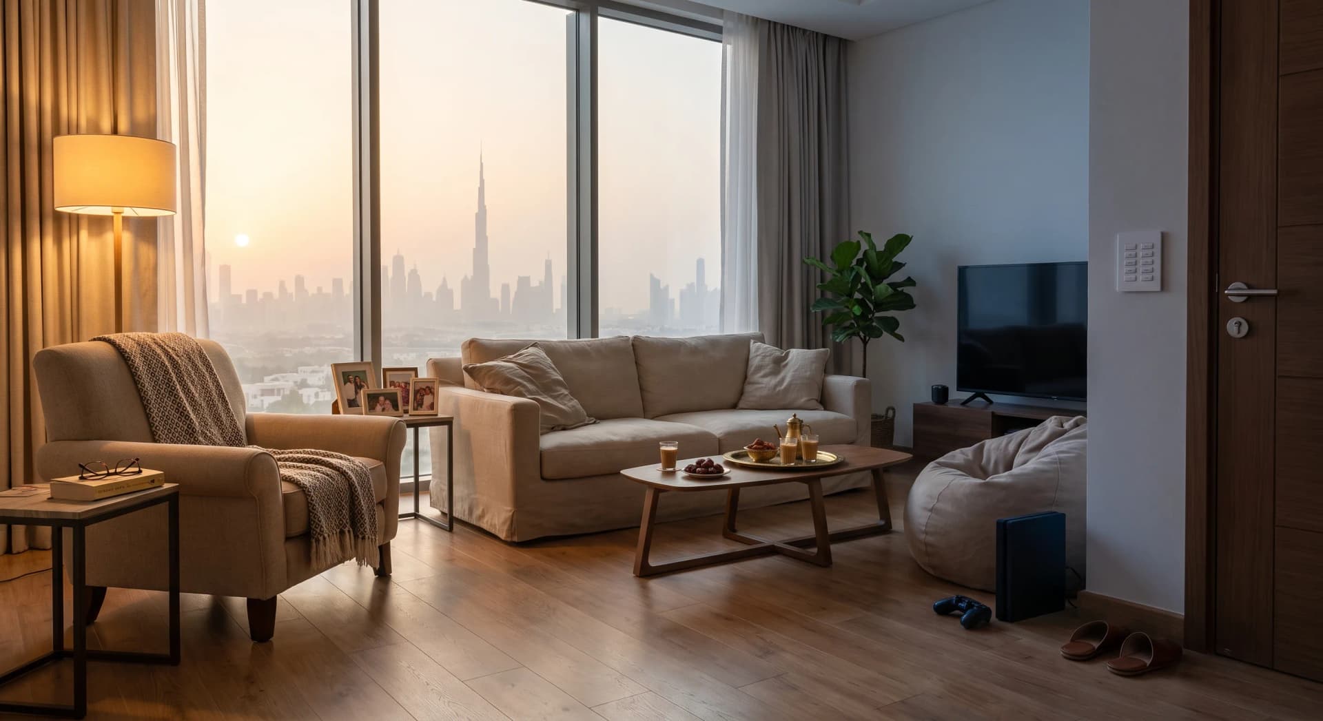 A warm, lived-in Dubai Hills villa living room at golden hour, an older woman's reading chair under a bright warm lamp on one side of the room, a teenager's beanbag and gaming console in dim light on the other side, a wall-mounted keypad with multiple scene buttons by the door, family photos and a tray of dates and karak on a low table, Burj Khalifa skyline through the window, no faces visible