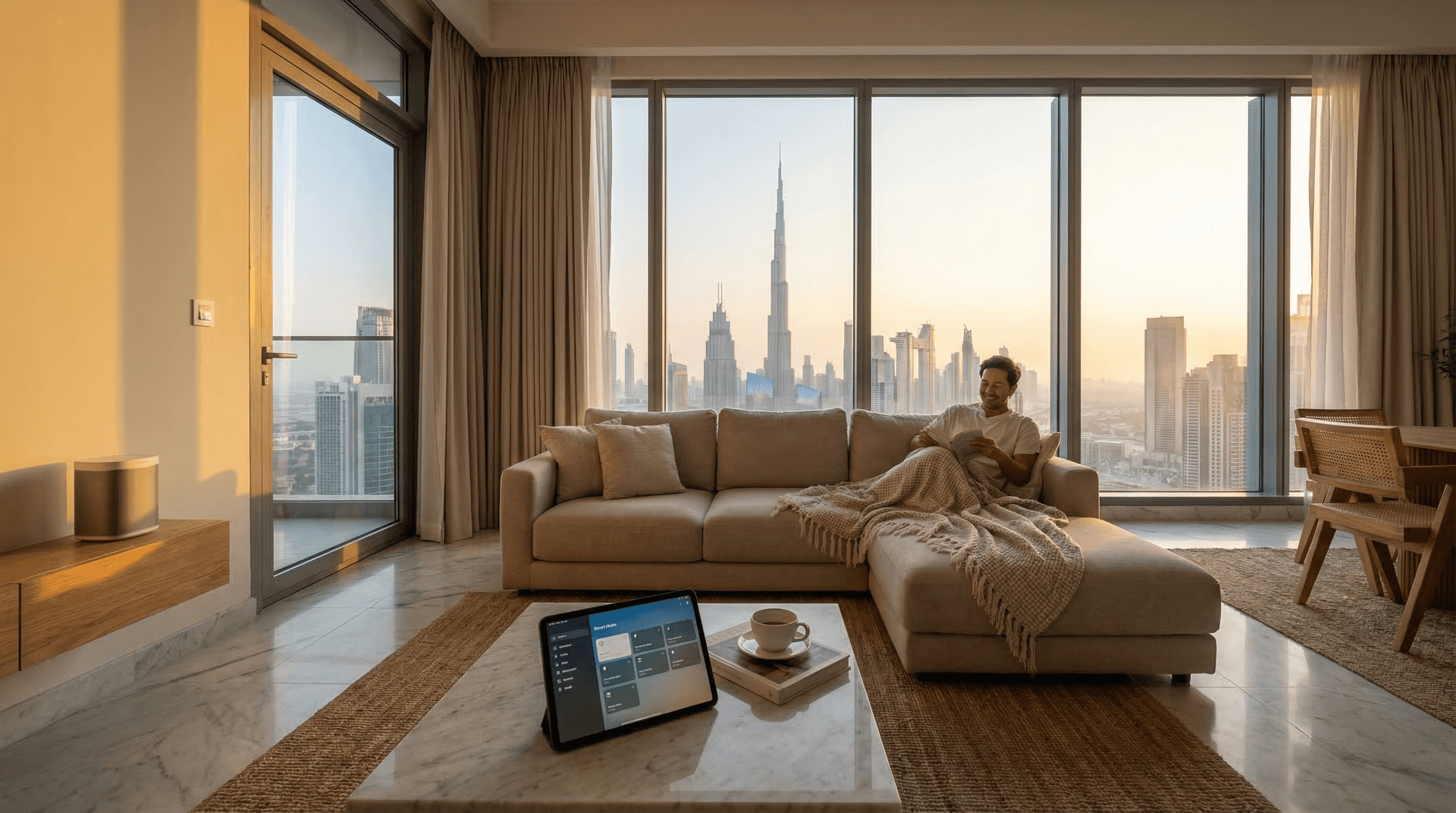 A modern Dubai apartment with smart home devices blending into warm, lived-in decor and floor-to-ceiling windows showing city views