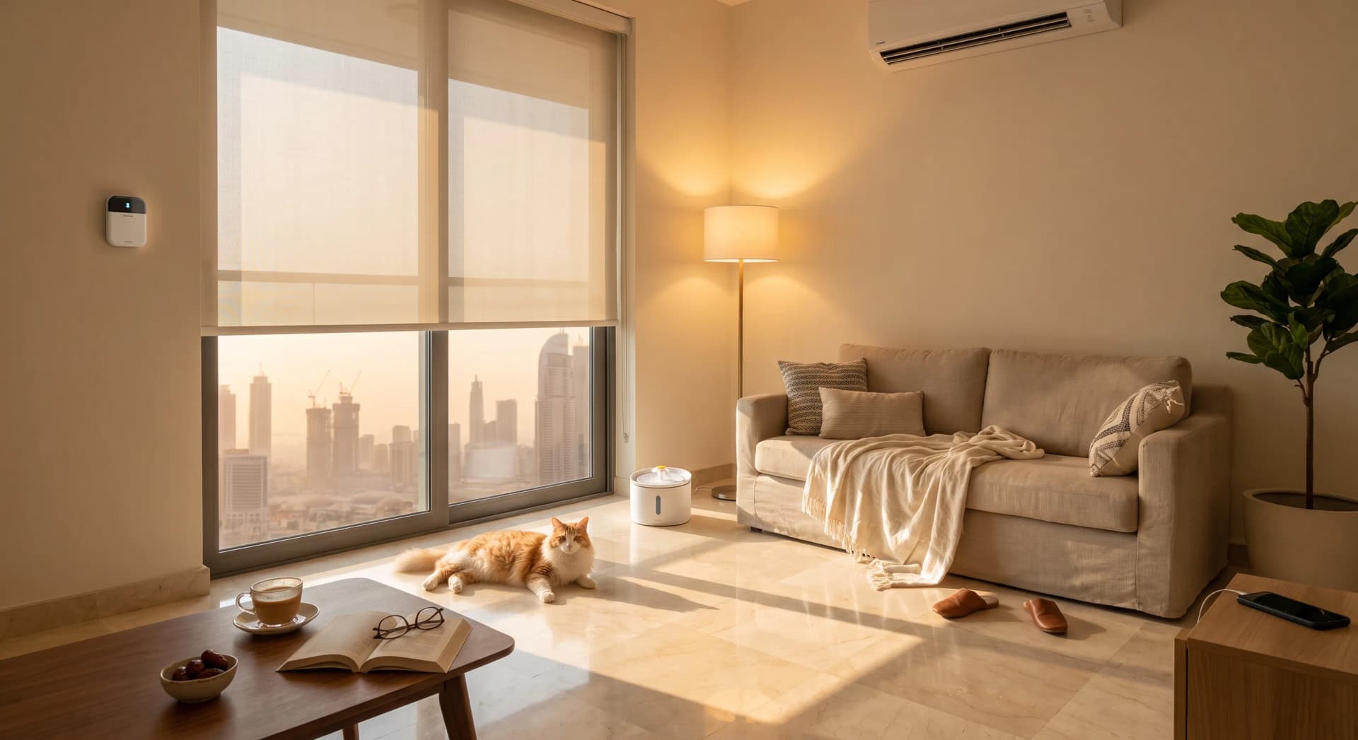 A cat resting on a cool marble floor beside a sunlit floor-to-ceiling window in a Dubai apartment, with a Sensibo smart AC controller on the wall and a smart water fountain nearby, golden-hour light and Dubai skyline in the background.