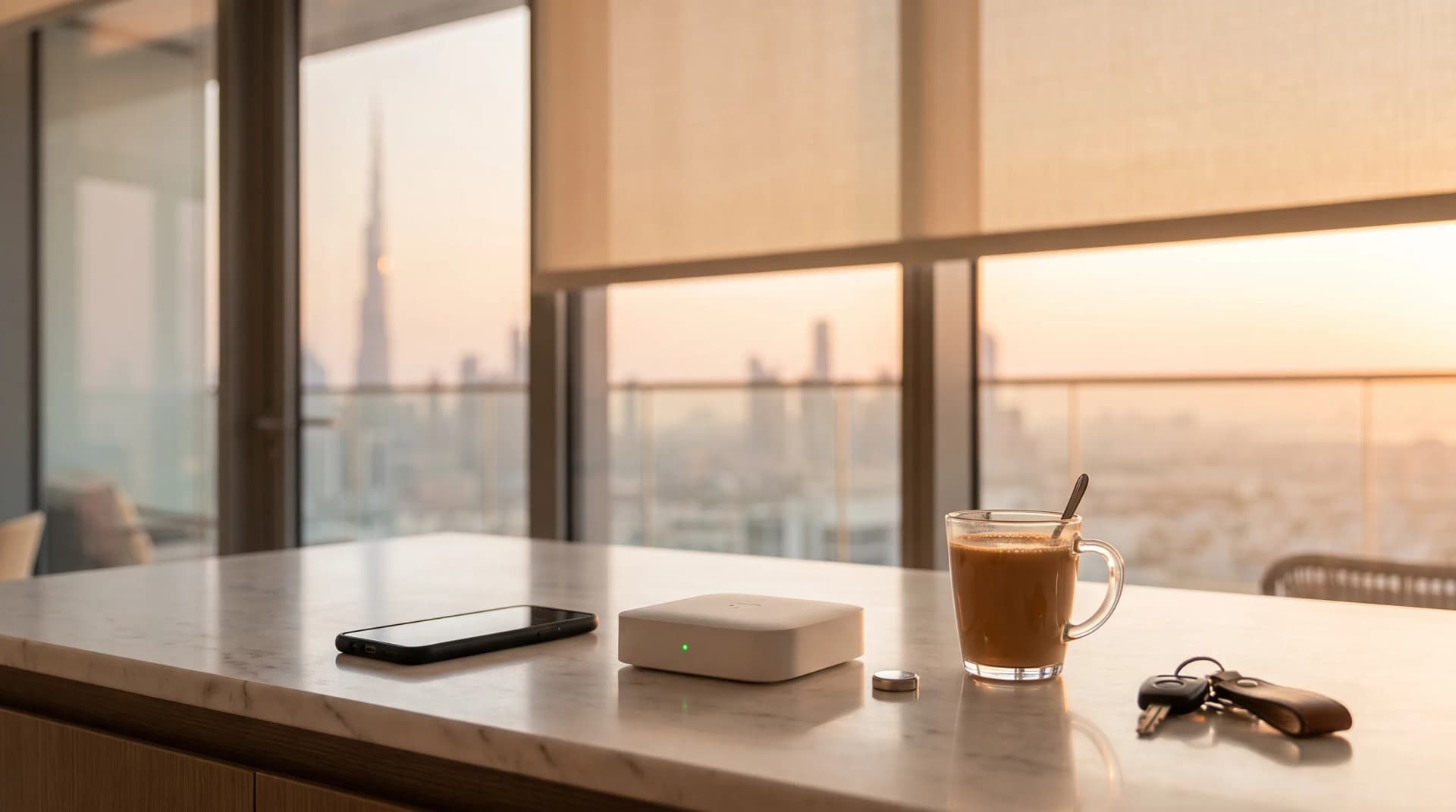 A Business Bay apartment kitchen counter at golden hour with a phone face down beside a small white smart home hub showing a single green status light, a spare coin cell battery on the marble, a glass of karak and car keys, and floor-to-ceiling windows looking out to the Dubai skyline