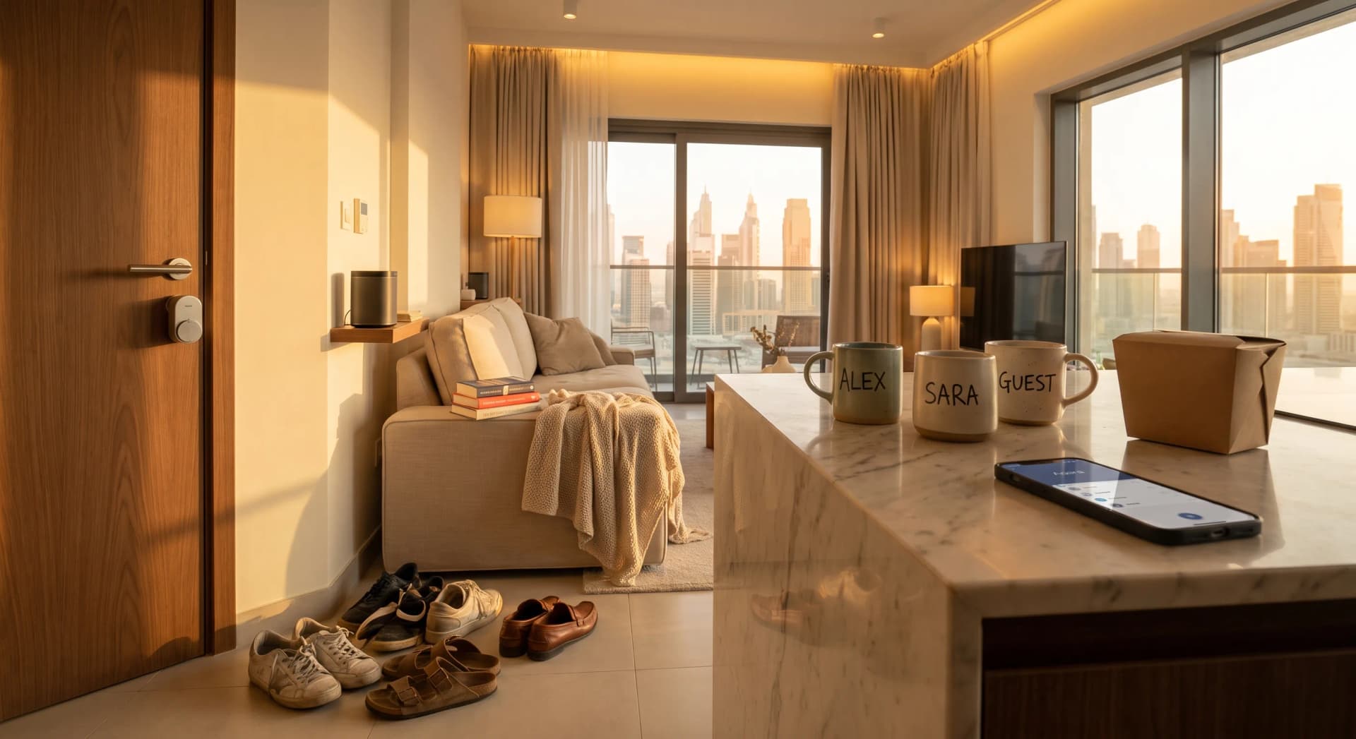 A lived-in shared Dubai apartment at golden hour: a round retrofit smart lock fitted below the handle of the front door, several pairs of shoes by the entrance, a marble counter with three mugs labelled Alex, Sara and Guest, a phone lying face up beside them, open on the Aqara app, a wireless speaker on a shelf, and floor-to-ceiling windows with a Business Bay skyline view, no people