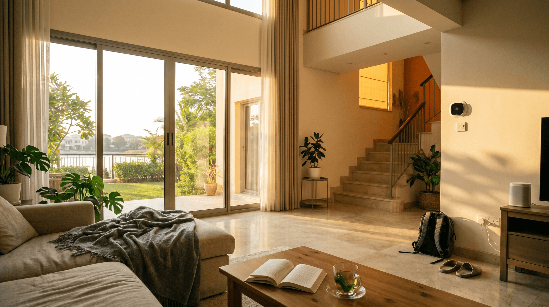Two-story Springs villa living room at golden hour with marble floors, beige linen sofa, an Ecobee smart thermostat near the staircase, a Sonos speaker on the side table, and a staircase leading to a visibly warmer second floor