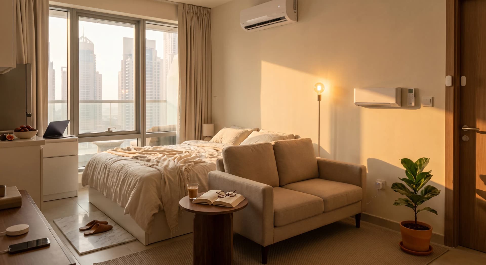Lived-in Dubai studio apartment at golden hour with a smart AC controller on the wall, a smart bulb in the floor lamp, an Aqara sensor by the door, and a small hub on the console, Marina towers visible through the window