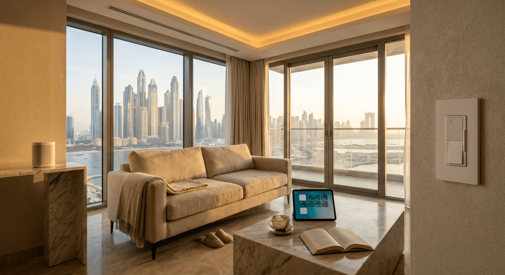 Modern Dubai apartment living room at golden hour, with a Lutron Caseta dimmer on the wall, a Sonos speaker on a marble console, a tablet on the coffee table showing a smart home dashboard, a half-finished cup of coffee, a pair of slippers under the sofa, and floor-to-ceiling windows showing a marina view