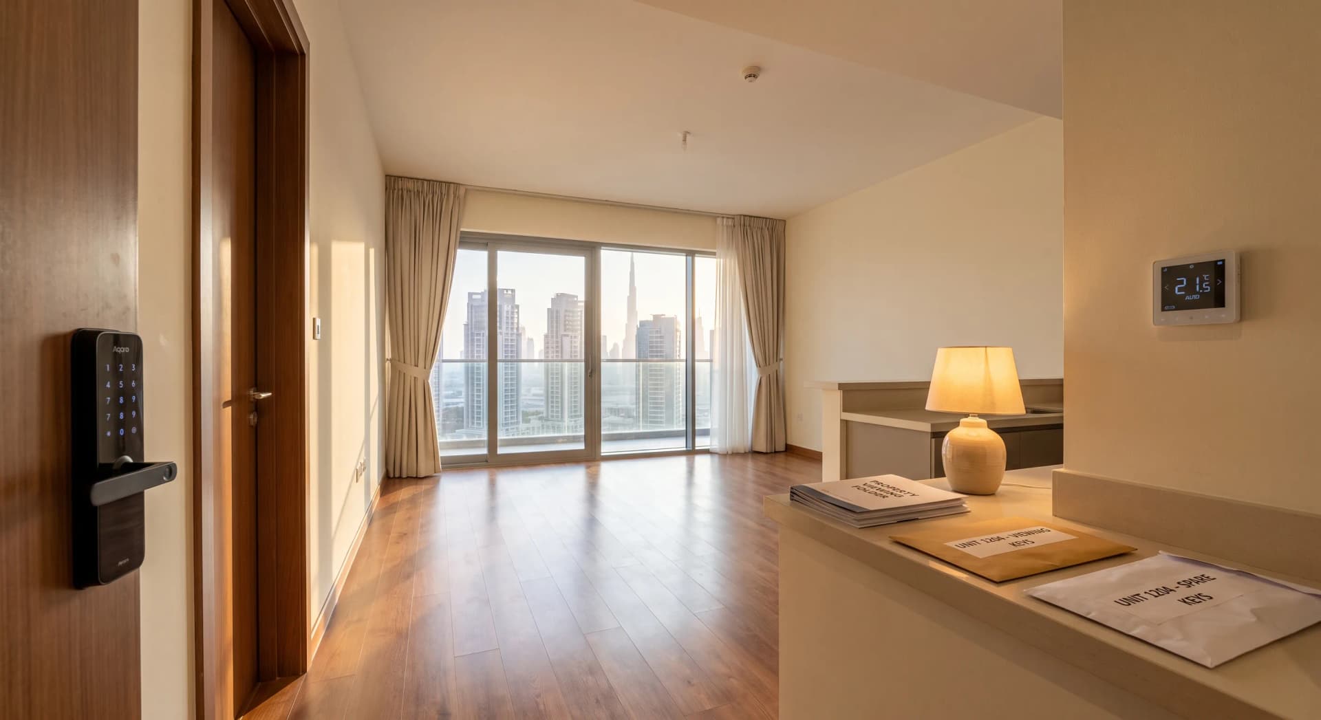 An empty, freshly cleaned Dubai rental apartment living room at golden hour ready for a viewing, with a wall-mounted smart AC controller, an Aqara keypad smart lock visible on the front door in the background, floor-to-ceiling windows over a mid-rise Business Bay skyline, a single warm lamp on, a property viewing folder and a set of two labeled key envelopes on the kitchen counter, no people, no clutter