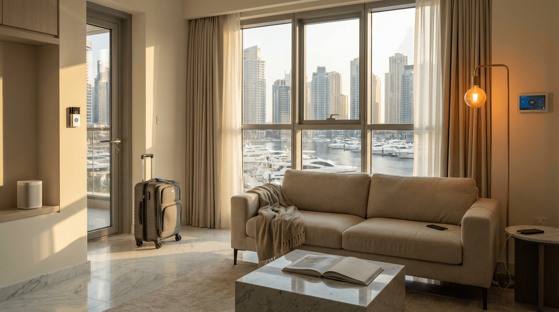 A sunlit Dubai apartment living room with floor-to-ceiling windows showing a marina view, smart devices on standby, suitcase by the door