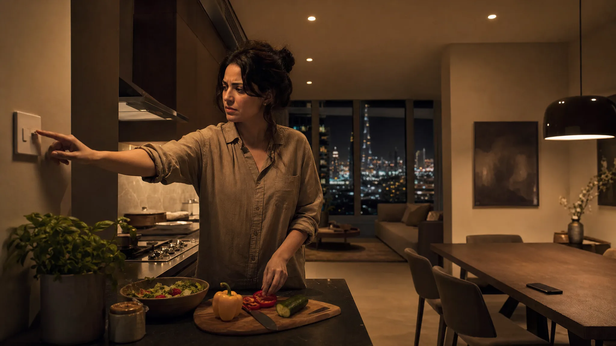 A Dubai apartment kitchen in the evening lit only by warm low scene lighting, a woman at the counter with a chopping board reaching sideways for a plain wall switch, the city skyline through the window behind her and her phone lying face down on the dining table across the room