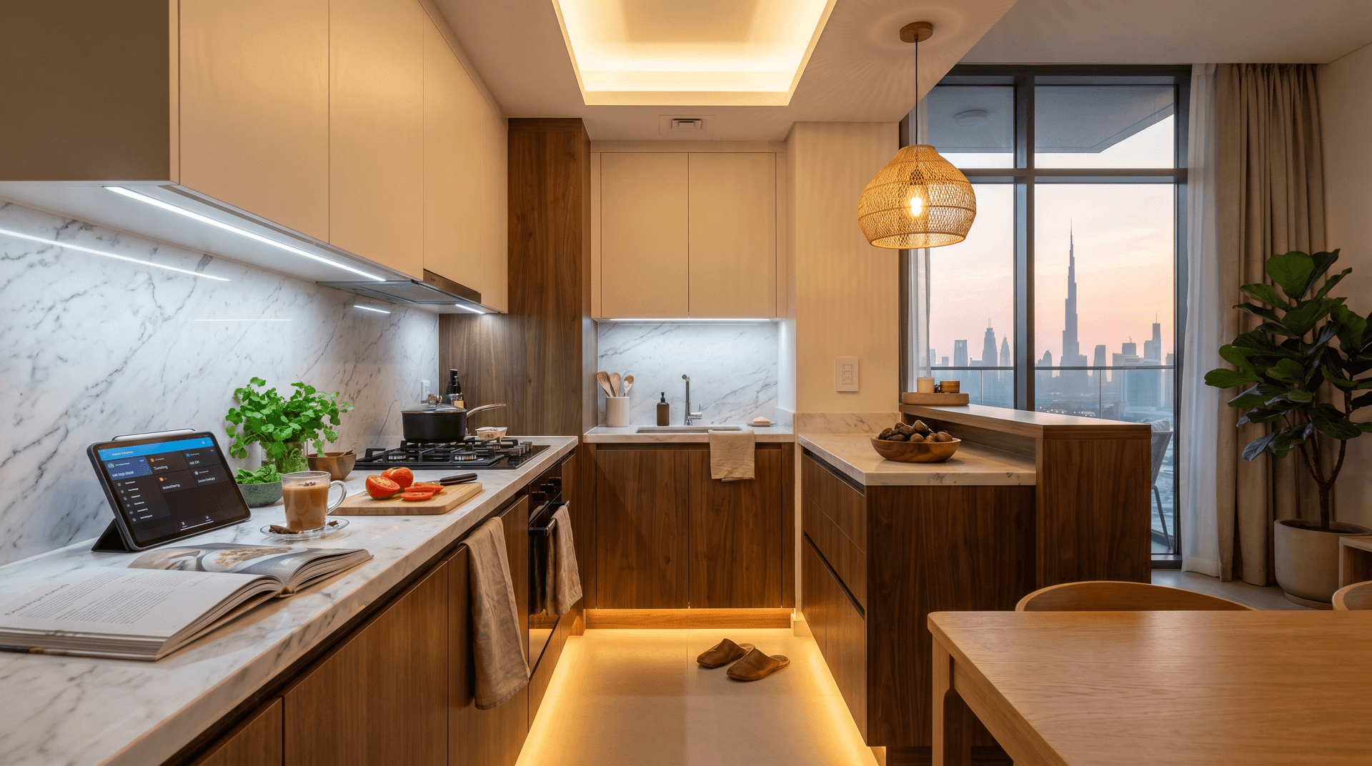Lived-in Dubai apartment kitchen at golden hour with layered lighting, warm under-cabinet strip illuminating the countertop, toe-kick glow at the base, dimmed pendant over the island, marble countertop with karak, fresh herbs, and an iPad showing a smart home dashboard